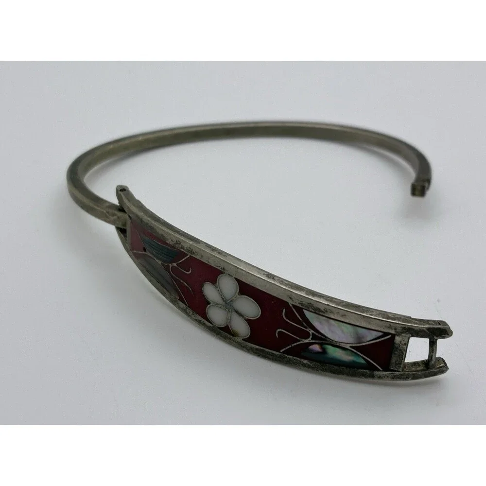 Taxco Mexico Alpaca Red Abalone Flower & Butterflies Bangle Bracelet VTG 6.75”